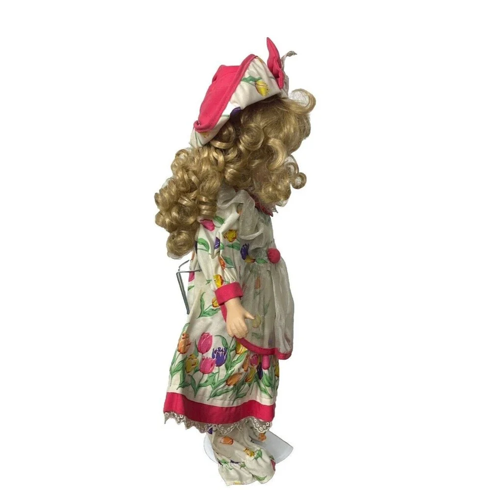 Brass Key Porcelain Doll Tulip Dress Pinafore Bonnet Pantaloons Blonde Curls 16”